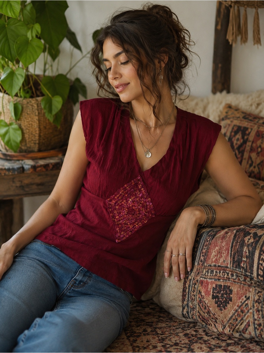 RAGA Anthropologie Sequin V-Neck Sleeveless Boho Top Maroon Medium